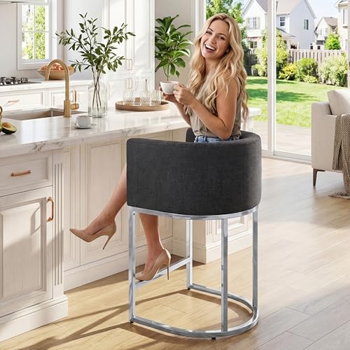 Image of HNY Modern Counter Height Linen Charcoal Fabric Upholstered Counter Stool, 24 Inch Kitchen Island Stool with Chrome Finish Metal Frame