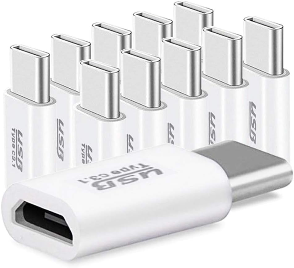(Pack of 10) Micro USB to USB C Adapter Charger Converter Micro USB to Type C USB Adapter Data Syncing and Charging Converter for Samsung, MacBook, ChromeBook Pixel, Nexus (White)