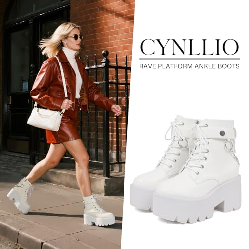 cynllio fashion block heel platform chain combat ankle booties women39s lace up studded motorcycle boots mid calf goth boots
