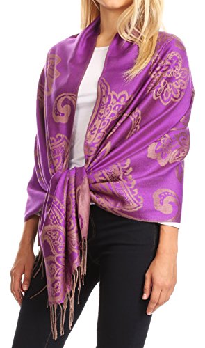 Sakkas Sarah Reversible Silky Soft Brocade Scarf Shawl Stole with Fringe3