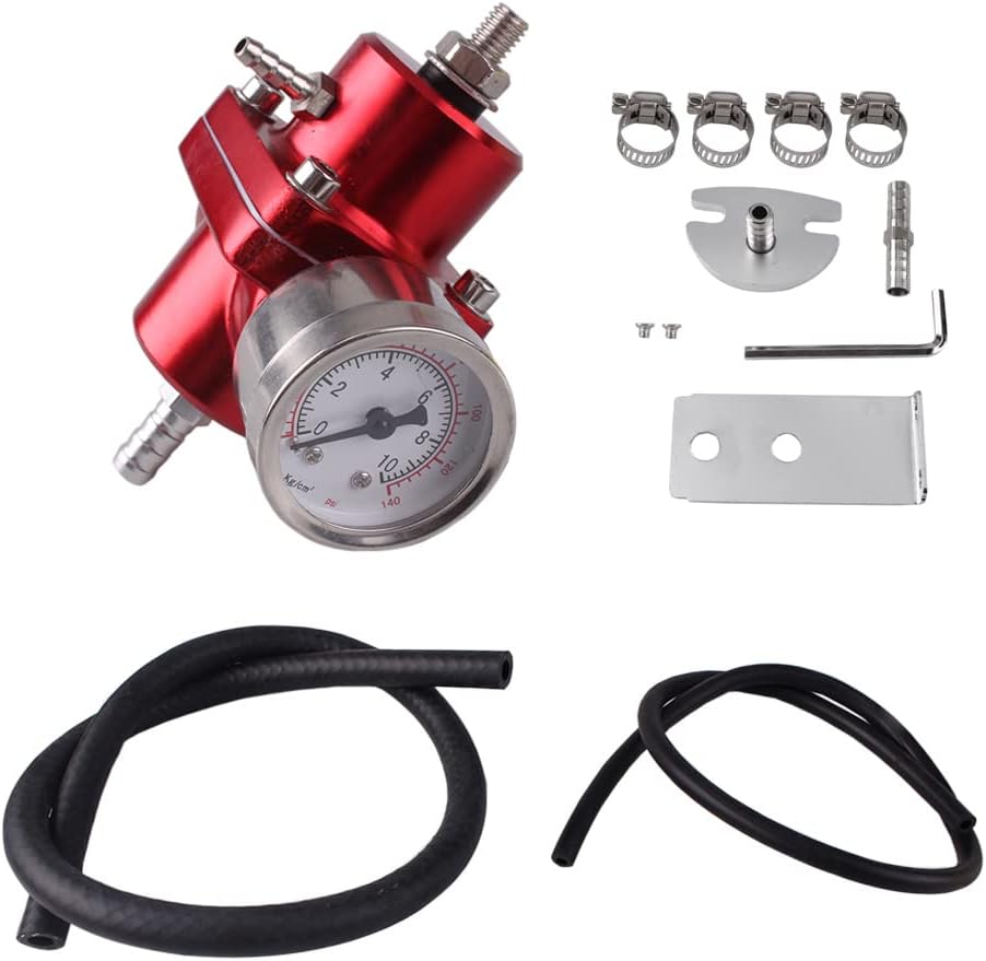 BARTOO Universal Adjustable Fuel Pressure Regulator Kit, Aluminum Fuel Regulator,Adjustable Gas Oil Injection Pressure Regulator with 0-140 PSI Gauge -Red