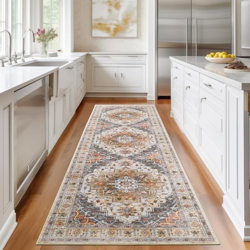 Madane Runner Rug 2x8, Washable Hallway Runner Rugs, Non-Slip Low-Pile Soft Kitchen Rug Runner Laundry Room Rug, Vintage Throw Entry Foyer Mat for Entrance Living Room (Turmeric/Grey, 2 x 8)