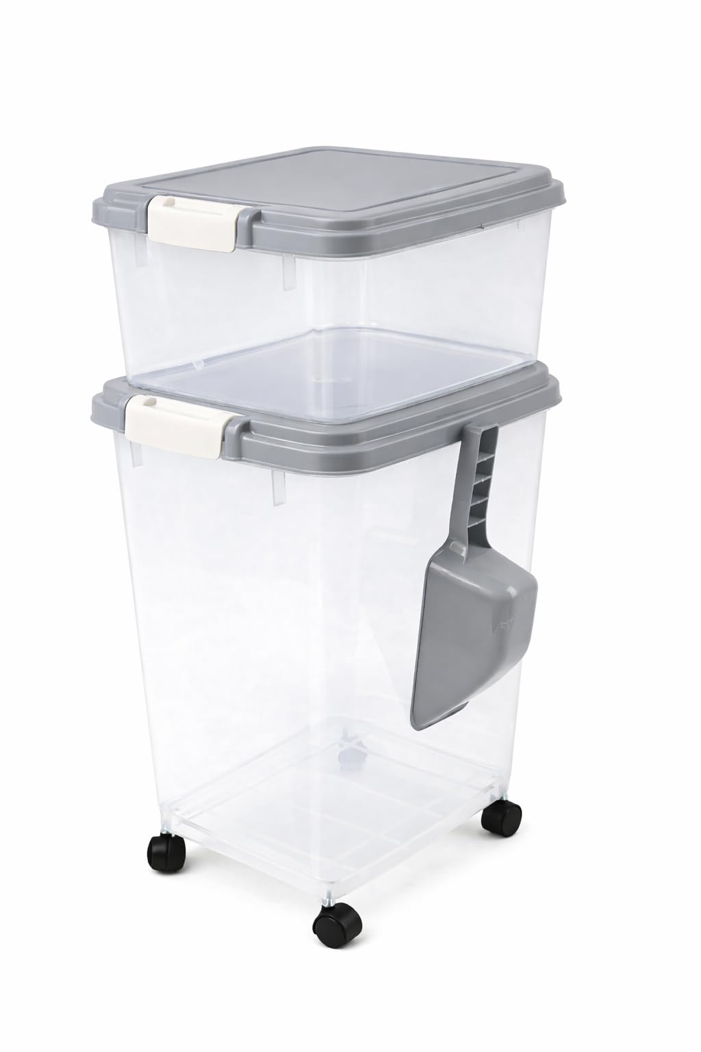 raxter Pet Food Storage Container Set, Clear with Red Lid, Food-Grade Plastic, 45L Combined Capacity, Airtight Seal, Wheeled Base, Stackable, 3 Piece Set with Measuring Scoop (Grey) — image 1
