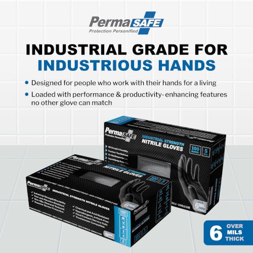 Image of PermaSafe Black Nitrile Gloves | Heavy Duty 6+ Mil Industrial Grade Protection | Powder and Latex-Free Nitrile Disposable Gloves with Raised Textured Grip | Ideal for Mechanics, Construction & More