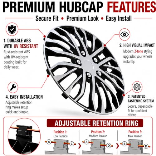 Image of LYDS Eurosport Black & Silver Universal 16 inch Premium ABS Hubcap Wheel Cover Replacement Set of 4 - BWC-16S-B
