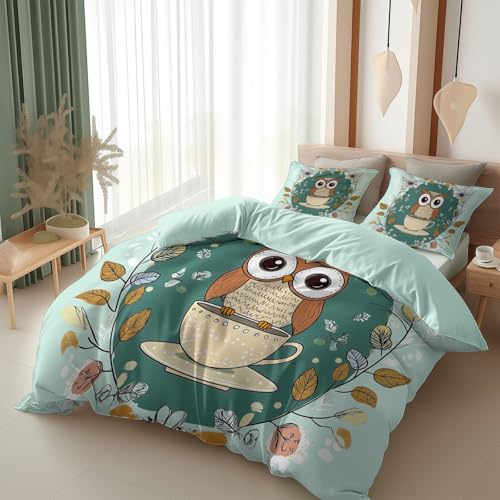 Srigzcaly Housse de Couette 90x190 cm Tasse à café Hibou Mignon Turquoise, Parure de Lit 3 Pièces en Microfibre avec Fermeture Éclair et 2 Taies d'oreiller...