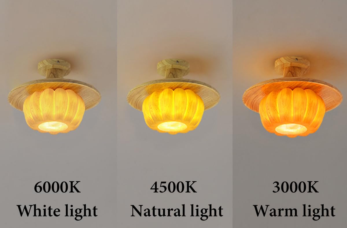 Lampa sufitowa E27 z drewna – kreatywna lampa w kształcie dyni, wykonana z żywicy, 3 temperatury barwowe (3000 K/4500 K/6000 K), żółta lampa sufitowa do przedpokoju, sypialni, restauracji i baru