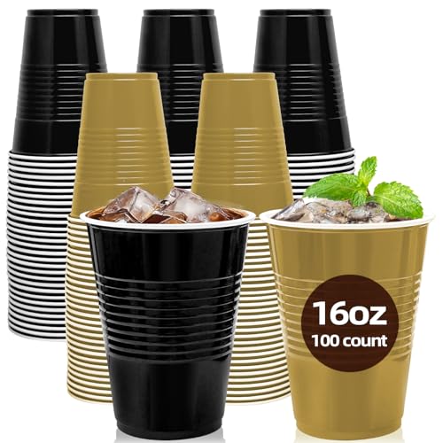 BONSINY 100 Pack Black and Gold Plastic Cups 16 oz Black and Gold Cups Disposable Plastic Party Cups for Birthday Picnic World Cup