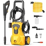 Amison 高圧洗浄機 3種類のノズル付き 27mの作業範囲 最大水圧10MPA 車用・家庭用高圧クリーナー 水道直結・自吸両用 取り付け簡単 豊富な付属品 洗車用 アウトドア用 花の水やり 泥落とし ガラス、路面、階段の清掃 日本語説明書付き(50/60Hz) (イエロー)