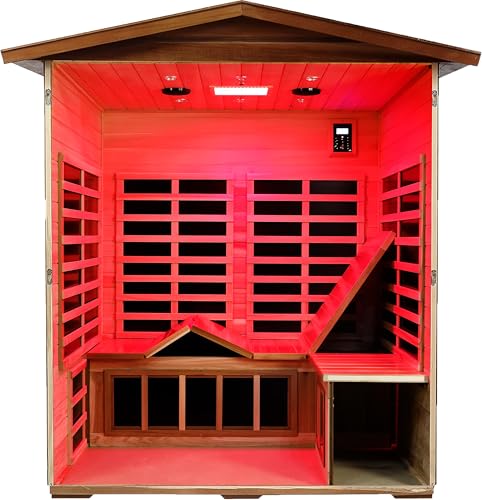 Image of LTCCDSS Full Spectrum Ultra-Low EMF Outdoor Sauna 4-Person, Mahogany Far Infrared Saunas for Home, Near&Mid-IR Light, EMF 0.1-4mG, Bluetooth & Chromotherapy