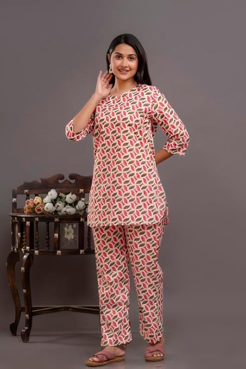 Image of Pure Cotton Printed Night Suit Set | Top Pyjama Set for Women | Night Dress of Kurta Pyjama Set for Women | Kurta Top Set