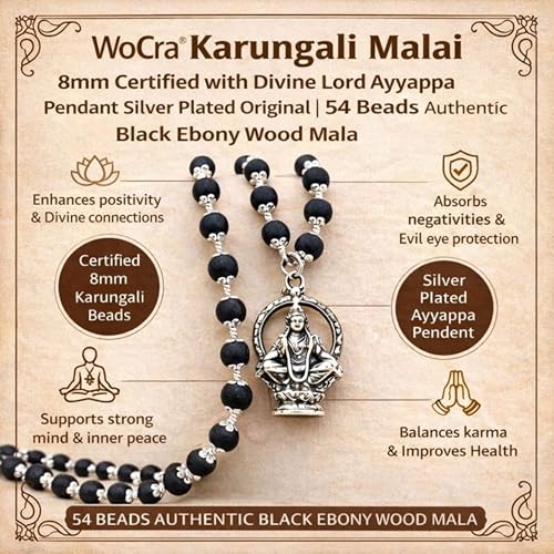 Image of Karungali Malai 8mm Certified with Divine Lord Ayyappa Pendant Silver Plated Original | 54 Beads Authentic Black Ebony Wood Mala with German Silver Cap for Men & Women | Spiritual Protection, Energy Balance & Daily Pooja Wear - 1 Piece
