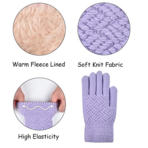 Kids Hat Scarf Gloves Set Girls Winter Warm Knit Beanie Soft Thick Fleece Lining Cap With Cute Double Fur Pom Pom Purple Toddler Children Baby Cold Weather Snow Accessories Crochet 6-10 Years #TOP5
