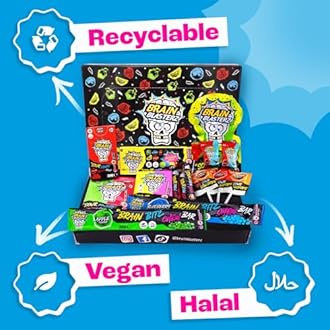 Brain Blasterz TREAT Sour Candy Variety Pack, Vegan Candy, Sour Chew Bar, Halal Candy, Sour Candy Gift Box w/ 15 pcs (13oz), Unique Candy Variety Pack, Lollipop, Sour Powder, Taffy, Halloween Candy