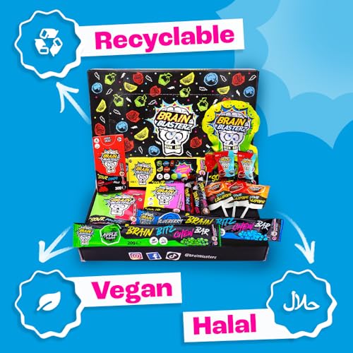 Brain Blasterz TREAT Sour Candy Variety Pack, Vegan Candy, Sour Chew Bar, Halal Candy, Sour Candy Gift Box w/ 15 pcs (13oz), Unique Candy Variety Pack, Lollipop, Sour Powder, Taffy, Halloween Candy