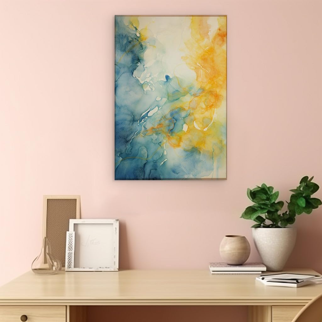 Canvas for Living room. Whispers of Color: The Fluid Dance of Blue, Yellow, and White in Abstract Art, 27 x 18 inch Canvas Wall Art - Ready to Hang - 69x46 cm (27x18 inch)