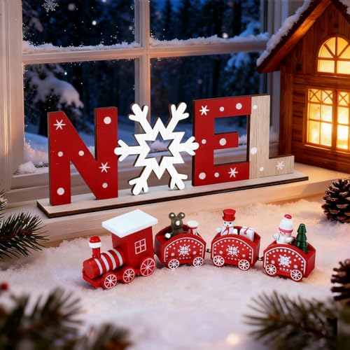 BHGT Train de Noël en Bois Lettre en Bois Ornement Bois Decoration Noël Table de Noël Boule de Noël Lettre Noël Cadeau Jouets Fenêtres Vitre Décoration (Rouge + Noel)