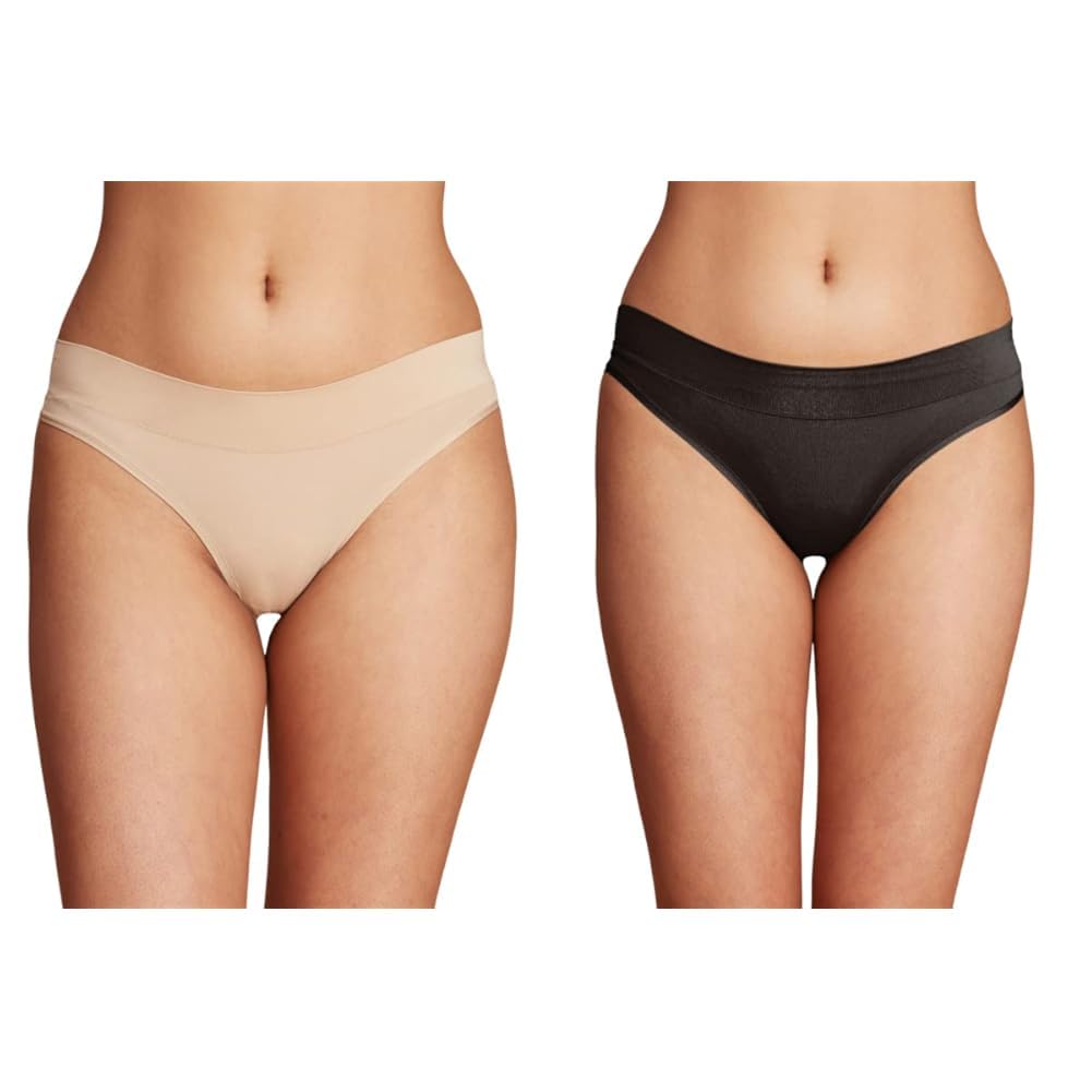 Ultra-Comfortable and Flexible Everyday Stretch Panties with No Waistband Marks | Nylon | Full Coverage | Mid Waist | Solid Bikini, NYP341, Skin & Black, | M | Pack of 2-image-5