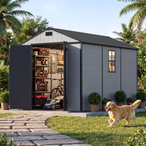 Image of Patiowell 8x10 FT Resin Outdoor Storage Shed with Floor, Large Plastic Clearance Sheds with Lockable Door, Garden Tool Shed with Window for Backyard, Patio Storage, Light Gray