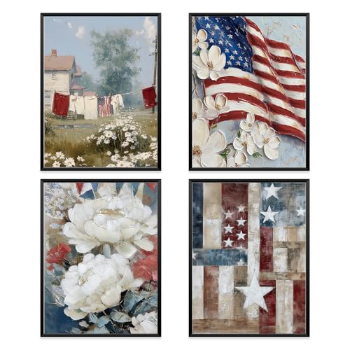 VONTP Vintage Floral Patriotic American Flag Wall Art Decor, 4th of July Independence Day Rustic Laundry Day Prints Poster Wall Decorations for Home Bedroom Living Room,12x16 Inch Set of 4 (Unframed)