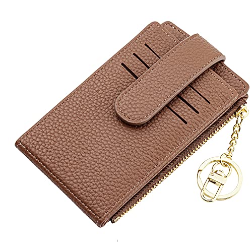 Small Card Wallet for Women Slim Rfid Front Pocket Card Cases Holder Zipper Coin Purse (A-Lichee Leather-Brown)