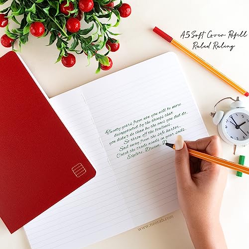 Image of NEORAH - A5 Ruled Notebook Soft Cover | Journal Refill | Ruled Journal | 110 GSM | 160 Pages (Size 21 cm x 14.8 cm) Planner Journaling Writing Note Taking Diary, Travellers Journal -RED