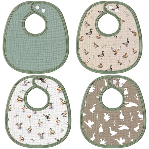 Image of 4 Pack Mallard Ducks Muslin Drool Bibs for Baby Boy Mallard Duck Baby Stuff | Soft Triple Layer Cotton Muslin Fabric, Snap Adjustable Newborn Bibs for Drooling and Teething, New Parent Gifts