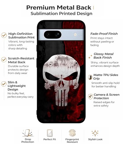 Image of Punisher Skull Design Premium 2D Printed Metal Back Case Cover for Google Pixel 7A 5G, Multicolour