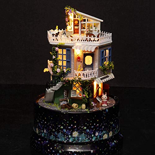 Bruryan DIY Puppenhaus - DIY Puppenhaus Traumhaus Miniatur mit rotierender Spieluhr Staubschutz LED-Licht – Bild 4