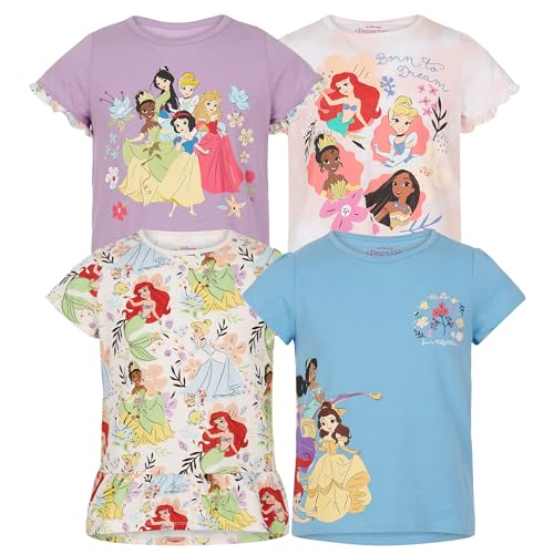 Disney Girls' T-Shirts Princess, Ariel, Cinderella, Tiana, Jasmine, Aurora 4 Pack Short Sleeve Tee
