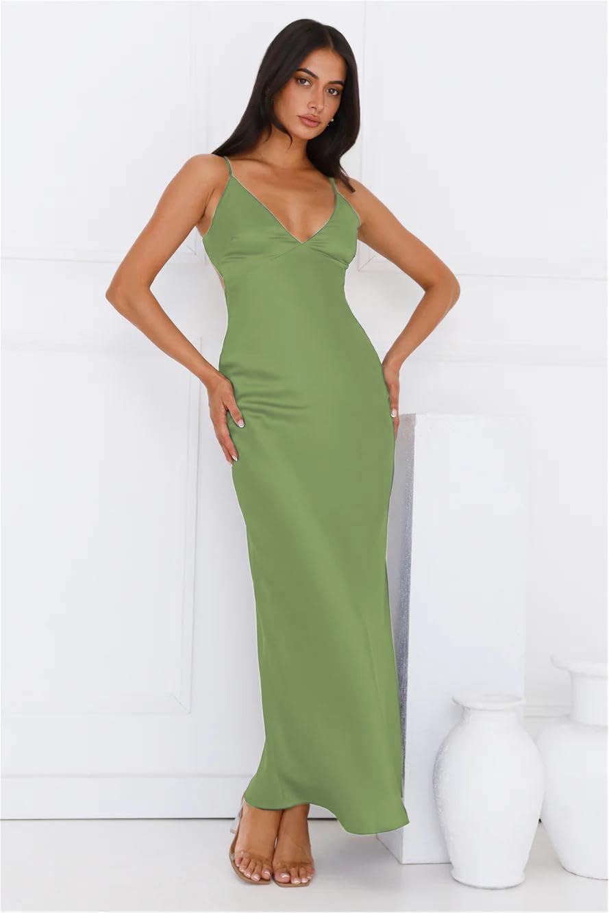 Summer Satin Spaghetti Strap V Neck Maxi Dresses for Women 2026 Backless Silk Wedding Guest Formal Tie Back Cocktail Dress - Image 2