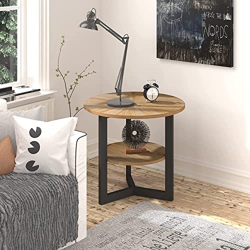 Leemtorig Round End Table With Storage, Farmhouse Circle End Side Table For Living Room, Solid Wood 2-Tier Side Table Nightstand, Natural Wood Tabletop & Black Metal Frame, 25.2" D X 24" H, Cjz-1338 #TOP7