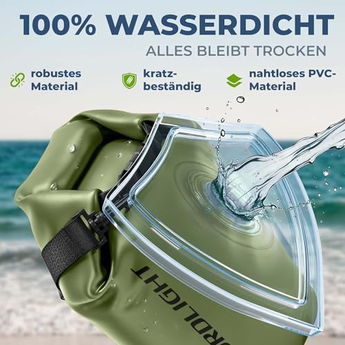Nordlight Dry Bag 2L Wasserdichter Beutel - (Olivgrün) Wasserdichter Packsack Mit Roll Top Verschluss Und Schultergurt | Schwimmen, Baden, Strand, Kanu, Stand Up Paddling, Tauchen