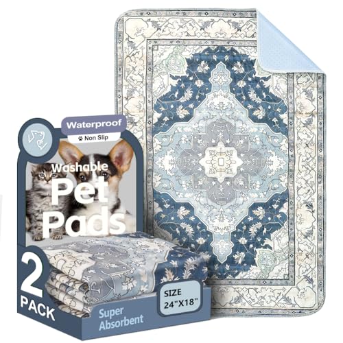 Image of Washable Pee Pads for Dogs, 2 Pack Reusable Puppy Training Pads 24 inchx18 inch Super Absorbent Waterproof Dog Training Pads, Non-Slip Potty Pads, Whelping Pads Litter Mat Navy & Ecru