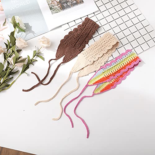 Crochet Headband Women Floral Hairband - 3Pcs Daisy Floral Elastic Handmade Crochet Head Wrap Bohemian Knit Headband For Women And Girls(Rainbow+Beige+Dark Coffee) #TOP6
