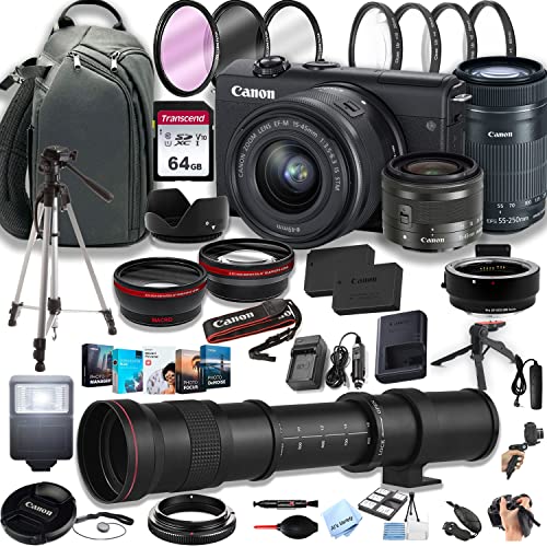 Canon EOS M200 Mirrorless Digital Camera with 15-45mm f/3.5-6.3 is STM Lens + 55-250mm f/4-5.6 is STM Lens + 420-800mm Super Telephoto Lens + 64GB Memory Card, Professional Photo Bundle (44pc)