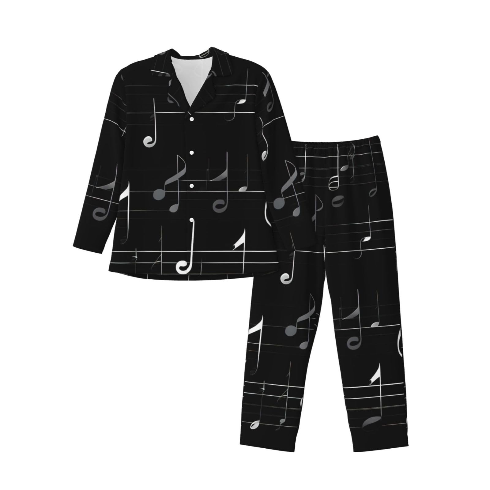 Herren-Pyjama-Set, langärmelig, mit Musiknoten-Aufdruck, zweiteilig, bequem, Nachtwäsche, Schwarz
