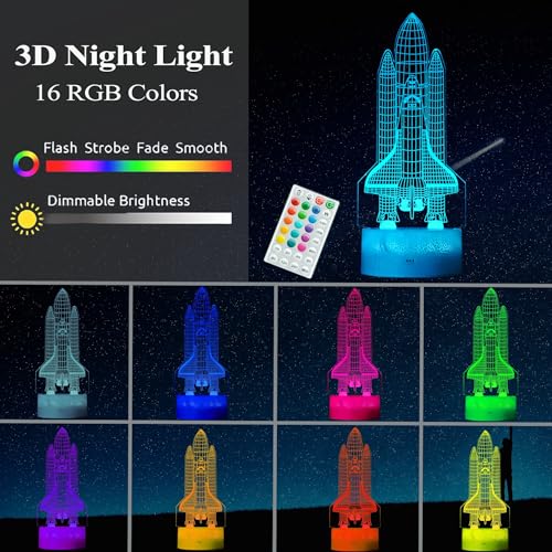 Image of Space Shuttle Night Light, Space Shuttle Gifts, Rocket 3D Illusion Lamp with 16 Colors Changing, Timer, 4 Flash Modes and Dimmable, Kids Boys Girls Room Decoration, Holiday Xmas Spaceship Gifts