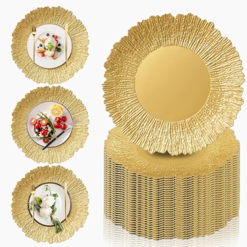 PROY 100 Pcs Gold Chargers for Dinner Plates, 13" Reusable Reef Serving Gold Chargers, Round Plastic Shiny Decorative Charger Plates for Wedding, Catering, Parties, Restaurant, Home Dinner Use by PROY - Used condition - US$144.49