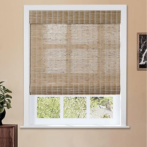 Image of TWOPAGES Natural Cordless Jute Bamboo Shade Roman Window Shade Customized No Drill Blackout Light Filtering Roman Blind for Indoor Windows, Natural, 1 Piece
