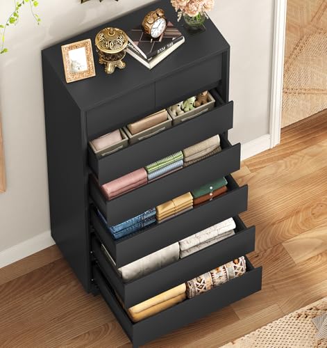 Image of TEENFON 51.6 inch Tall Dresser for Bedroom with 7 Drawers, Black Dresser with Metal Slide, Bedroom Dressers, Wood Dressers & Chests of Drawers for Bedroom, Hallway, Black