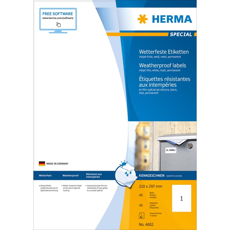HERMA Etichette Universali, 210 x 297 mm, Etichette Adesive A4 per Stampante, 1 Etichette per Foglio, Bianco