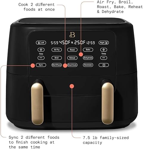 Miniatura 2 de Hermosa freidora de aire de doble zona de 9 cuartos con bandejas divisoras y bandejas para verduras, pantalla táctil digital para cocinar 2 en 1 por
