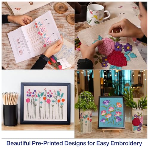 Image of picknMAKE Pack of 3 DIY Hand Embroidery Kit Set for Beginners | Hoop-Free Needle Stitch Kit on Stiff Jute Fabric with Floral Designs | Includes Threads, Cutter, Needles & Instruction