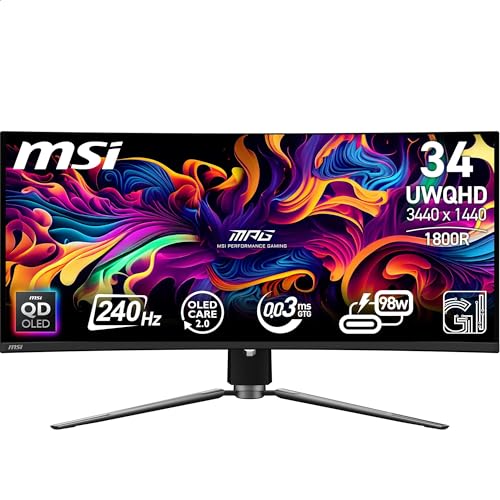 MSI MPG 341CQPX QD-OLED Monitor Curvo Gaming 34' (UWQHD) - Pannello QD-OLED 3440 x 1440 (21:9), 240Hz / 0,03ms, 99,3% DCI-P3, ΔE≤2, DisplayHDR True Black 400, DP 1.4a, HDMI, USB Type-C (PD: 98W)
