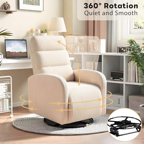 Image of Swivel Rocker Chair, 360Swivel Rocker Chairs with High Back Arms, Rocking Lazy Boy Chairs, Upholstered Swivels Corduroy Glider for Living Room, Bedroom, Nursing, Beige