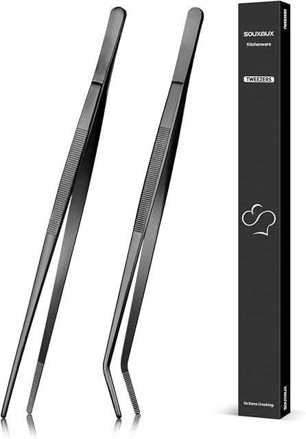 30.5cm Cooking Tweezer and Curved Tong Set, Tongs Precision Serrated Tips, Stainless Steel Professional Chef Tweezer Kitchen Tools for BBQ, Plating and Serving