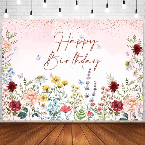 Sensfun Wildflower Happy Birthday Backdrop for Girls Women Spring Floral Photography Background Garden Watercolor Wild Flower Birthday Party Decorations Banner Supplies Photo Booth Props 7x5ft