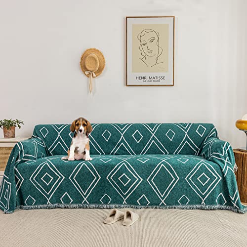 Roomlife Green Geometric Rhomboid Pattern Couch Cover For 2-3 Cushion Sectional Couch Thick Cozy Chenille Sofa Covers Multifunction Sofa Slipcover Furniture Protector For Dogs Pet,71"X118" #TOP28