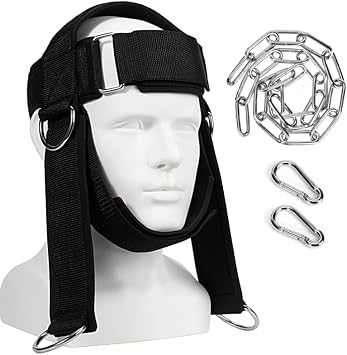 Neck Harness for Weight Lifting, Neck Exerciser Trainer with Heavy Duty Steel Chain, Adjustable Soft Padded Head Strap, 2 Carabiners for Safely Lifting, Exercise Equipment for Strength, Pain Relief